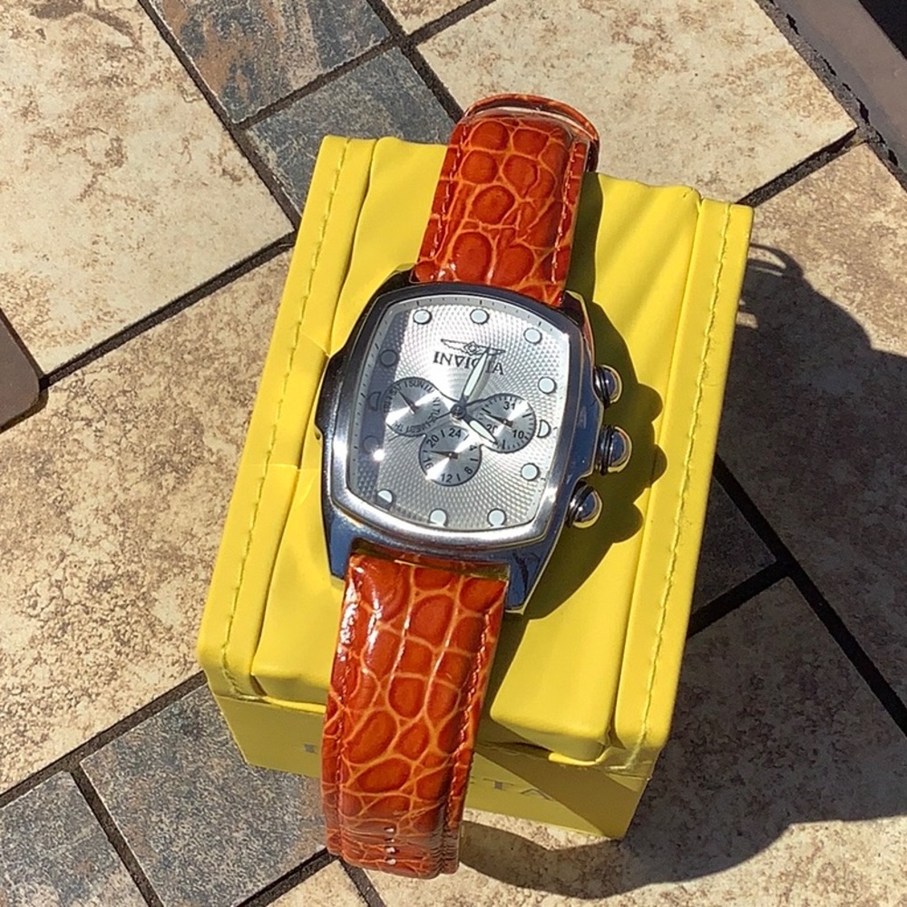 Handsome men’s INVICTA Lupah quartz Watch 0067 orange brown leather band EUC